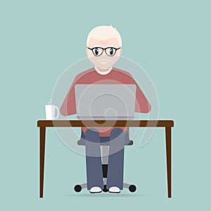 Elderly man sitting front of computer on work table icon