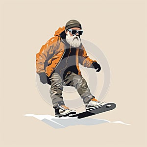 Elderly Man Snowboarding in Minimalist Style AI Generated