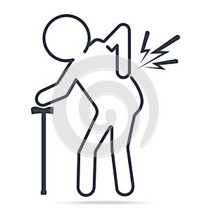 Elderly man with stick and injury of the back pain icon, Medical sign simple line icon