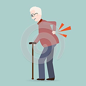 Elderly Man with stick and injury of the back pain icon, Old people sign