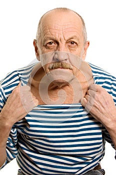 The elderly man in a stripped vest