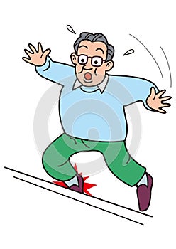 An elderly man stumbles and is about to fall.