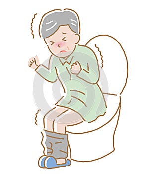 Elderly man suffering from abdominal pain on toilet seat.  Diarrhea, constipation, and period pain symptoms. Health care concept