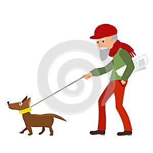 Elderly man walking with his dog. Vector illustration.