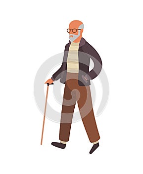 Elderly man walking. Old senior in glasses with stick walks in park, healthy leisure lifestyle for retiree. Flat vector