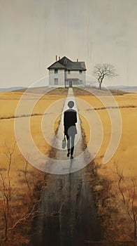 Elderly man walking slowly down a rural country road