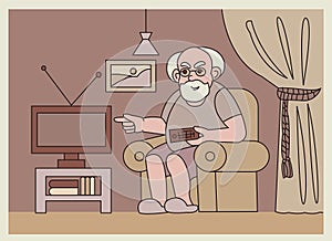 Elderly man watches TV at home.