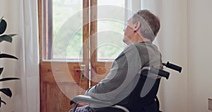 Elderly man, wheelchair and retirement with thinking of life, sadness and lonely. Nursing home, senior and person with