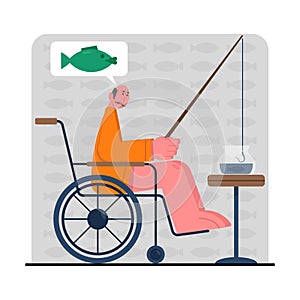 Elderly man on wheelchair sitting at home and fishing. Dreaming of catching big fish