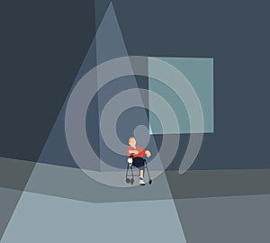 Elderly man in a wheelchair sitting waiting at sidewalk with his face mask staring to the road.