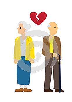 Elderly Man and woman couple with broken heart. Concept of divorce, disagreement or separation