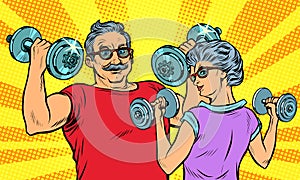 An elderly man and woman grandma grandpa retired in sports, fitness dumbbell