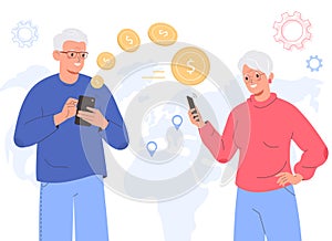 Elderly man and woman send and receive money via a smartphone app. Money transfer. Online money transfer concept.
