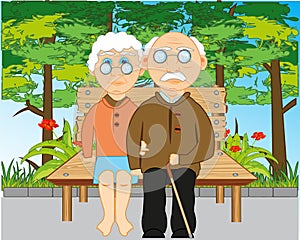 Elderly man and woman sit on bench by summer in park