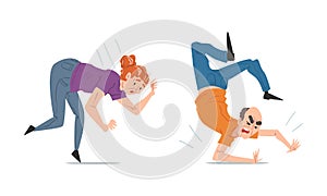 Elderly Man and Woman Stumbling and Falling Down by Accident Vector Set