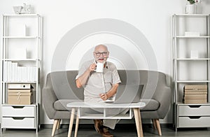 Elderly managing director with cup of tea. Mature caucasian man at home. Portrait of confident senior businessman in