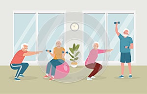 Elderly men and women doing exercises at modern gym. Flat style cartoon vector illustration