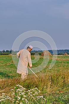 An elderly Muslim man in an embroidered skullcap and white traditional Clothes mows hand-scythe grass in a hayfield