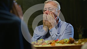 Elderly Muslim Man Finishing the Joint Prayer With His Family Before the Eating the Ramadan Meal