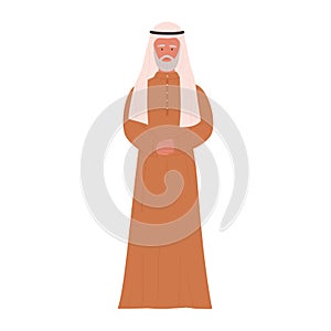 Elderly Muslim man, grandfather in traditional clothes standing