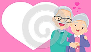 Elderly old couple and blank heart banner present your text