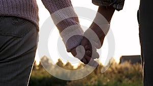 Elderly Old Couple Holding Hands On Background Of Green Nature At Sunset Light