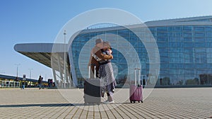 Elderly old husband wife retirees tourists reunion meeting in airport terminal after long separation