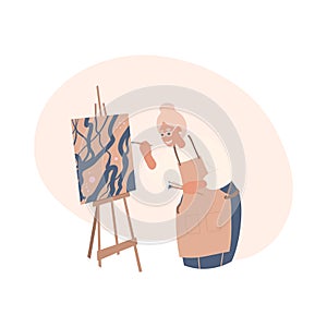 Elderly old Woman painting picture on canvas easel