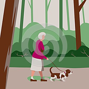 Elderly Old Woman Pensioner walks a Dog in Forest Park, Care for Pet, Outside Activity of Senior, Walking Alone Outdoor. Vector