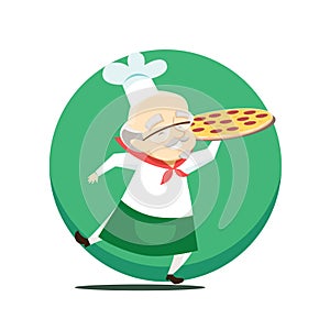 Elderly overweight baker holds pizza in hand