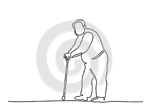 Elderly overweight man with stick. One line drawing