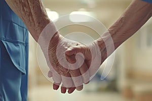 Elderly patient holding hands with caregiver in a hospital