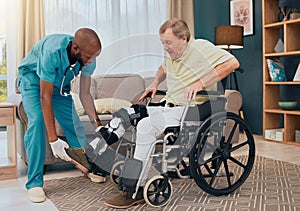 Elderly patient, leg surgery and physiotherapy recovery with a black man nurse helping with care. Nursing home, hospital