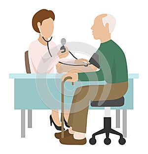 Elderly patient medical care in hospital, vector illustration. doctor character take old senior man blood pressure in