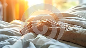 Elderly Patient s Hand Resting on Hospital Bed Amidst Warm Morning Light and Tranquil Ambiance