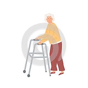 Elderly patient walking with a help of walker. Senior female in orthopaedic therapy rehabilitation. Old age woman with