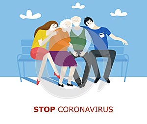 Stop coronavirus concept, covid-19 - Elderly peaple with their grandchildren sitting on the bench in protective medical masks photo