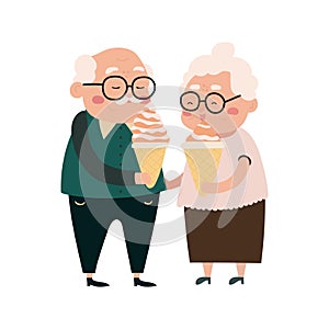 Elderly people active lifestyle flat composition. Senior couple eating ice cream