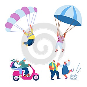 Elderly People Active Lifestyle. Happy Aged Pensioner Characters Doing Extreme Sport, Skydiving with Parachute