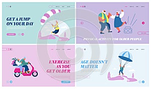 Elderly People Active Lifestyle Website Landing Page Set. Happy Aged Pensioners Extreme Sport, Skydiving with Parachute