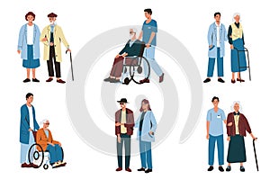 Elderly people care. Group of senior men women with social volunteers help, old characters with assistive devices on