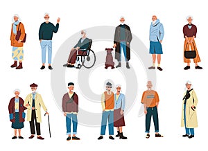 Elderly people. Cartoon old retired man woman, modern mature persons wearing trendy fashion clothes, active senior