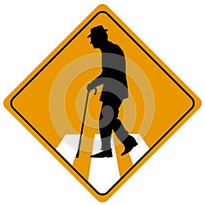 Elderly people crossing traffic sign. Yellow diamond shaped warning road sign with old people pictogram inside. Vector
