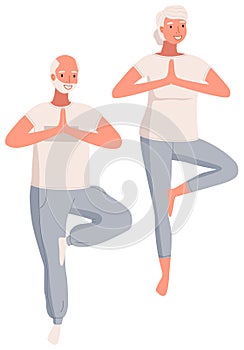 Elderly people doing yoga exercises in different poses together at home. Healthy active lifestyle