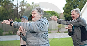 Elderly people, fitness and stretching in class for workout, healthy living or body at an old age home outside. Senior