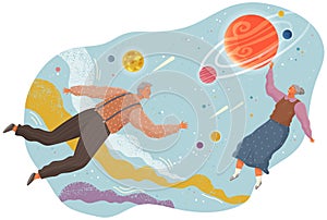 Elderly people flying to the stars in space with planets. Man and woman floating in dreams