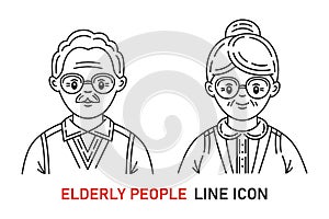 Elderly people, grandparent icon set. Old man, woman face. Grandfather and grandmother. Pensioners wife with husband. Line vector