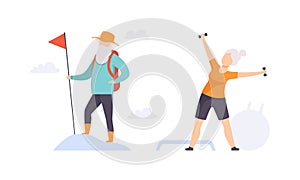 Elderly People Hobbies Set, Senior Woman Exercising with Dumbbells, Senior Man Hiking with Backpack, Active Lifestyle