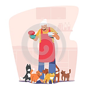 Elderly People Hobby Concept. Old Granny Holding Plates With Food for Cats. Cute Senior Lady with Gray Hair Feeding Pets