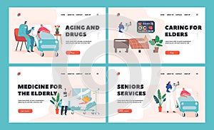 Elderly People Hospitalization Landing Page Template Set. Senior Diseased Male Female Characters Lying in Bed at Clinic